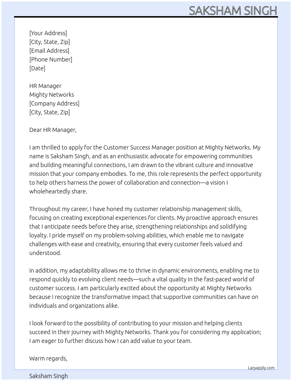 Cover letter for customer success manager - LazyApply
