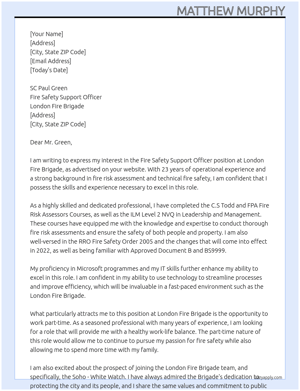 Fire Safety Support Officer At London Fire Brigade Cover Letter