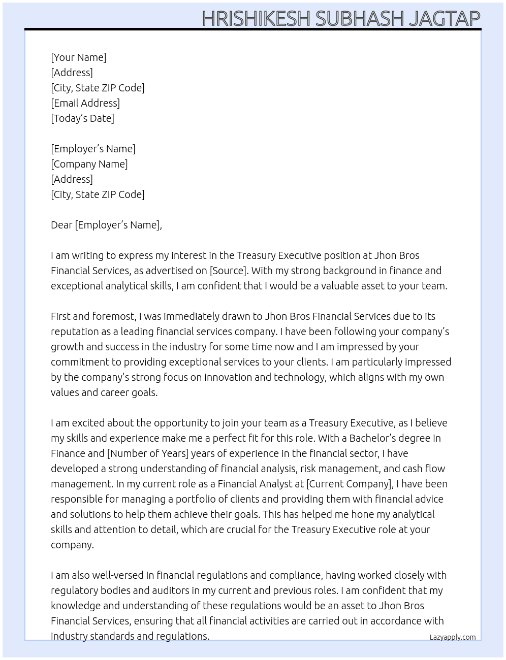 Treasury Executive At Jhon Bros Financial Services Cover Letter