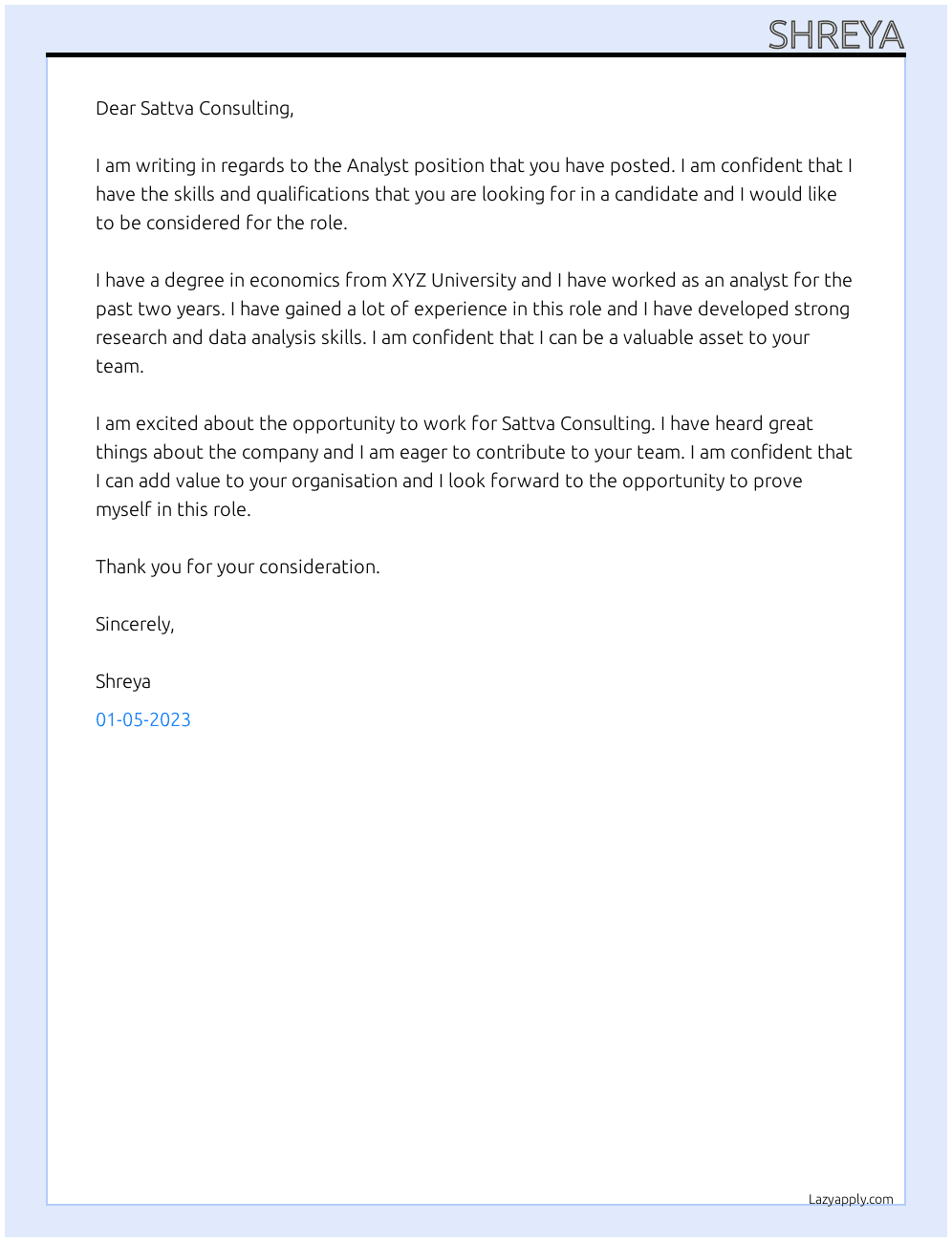 Analyst At Sattva Consulting Cover Letter