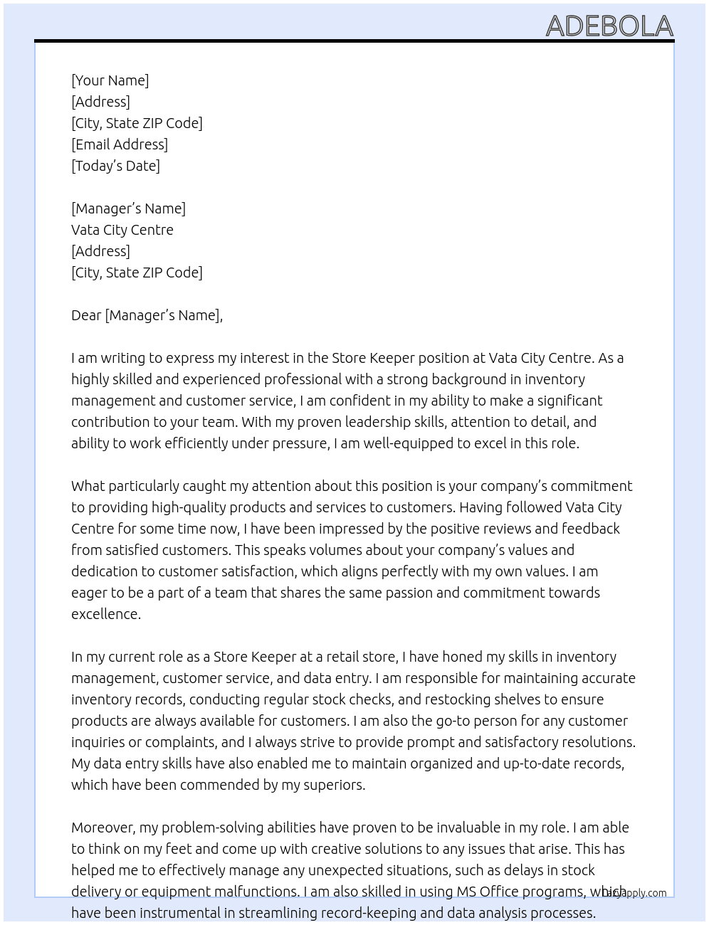 Store Keeper  At Vata City Centre  Cover Letter