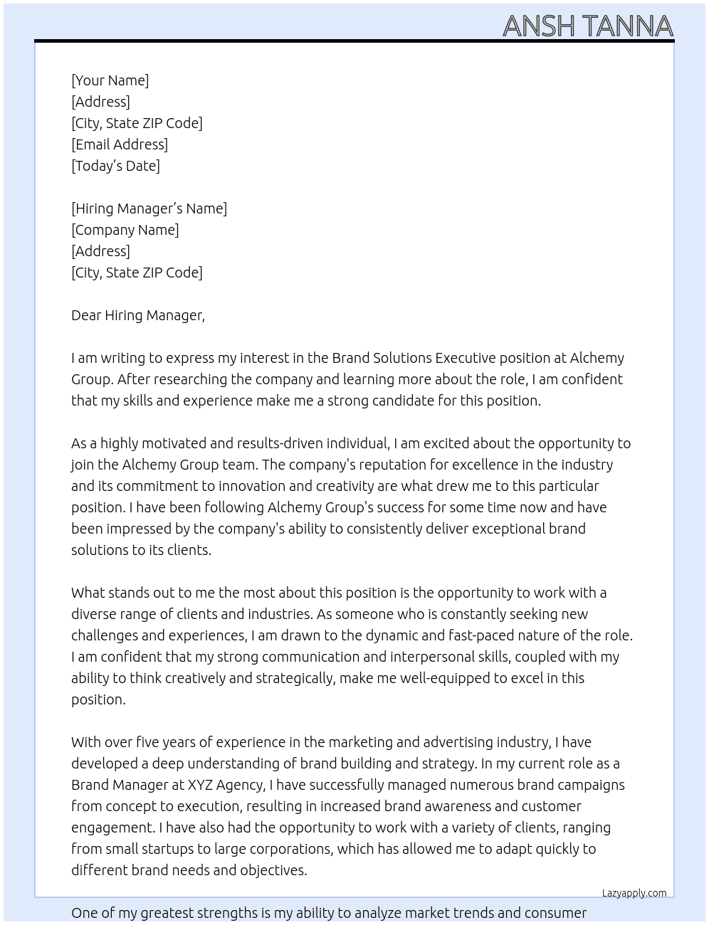 Brand solutions executive At Alchemy Group Cover Letter