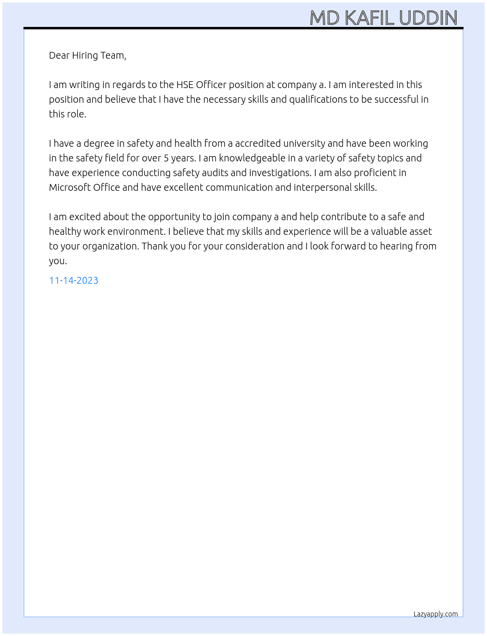 HSE Officer  At a Cover Letter