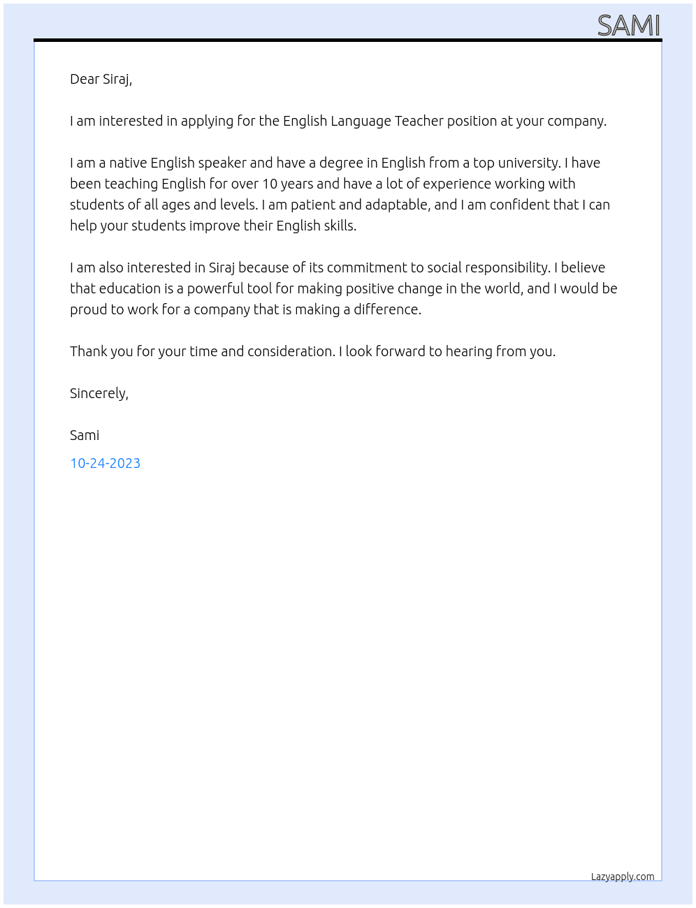 English Language Teacher At Siraj Cover Letter