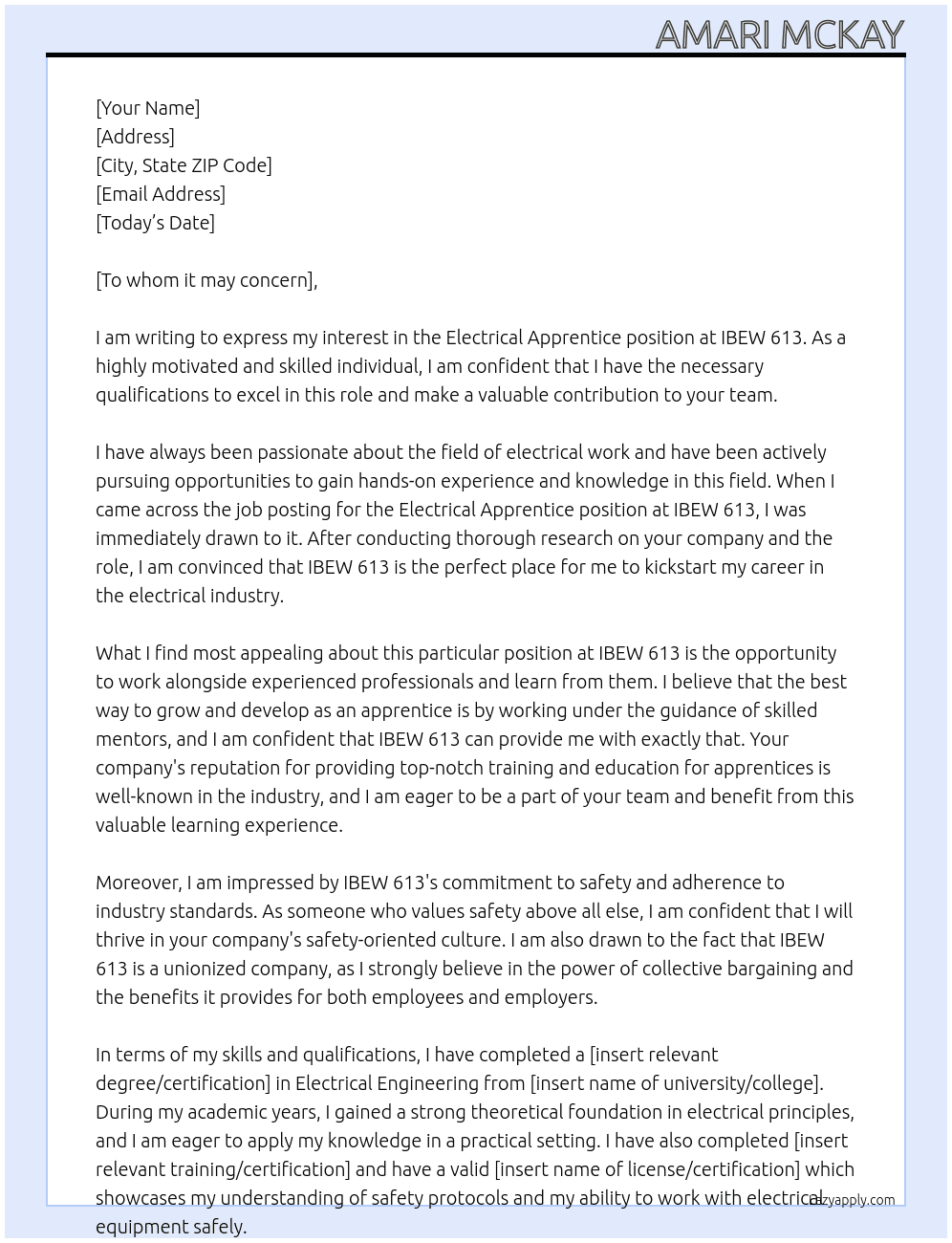 Electrical Apprentice At IBEW 613 Cover Letter
