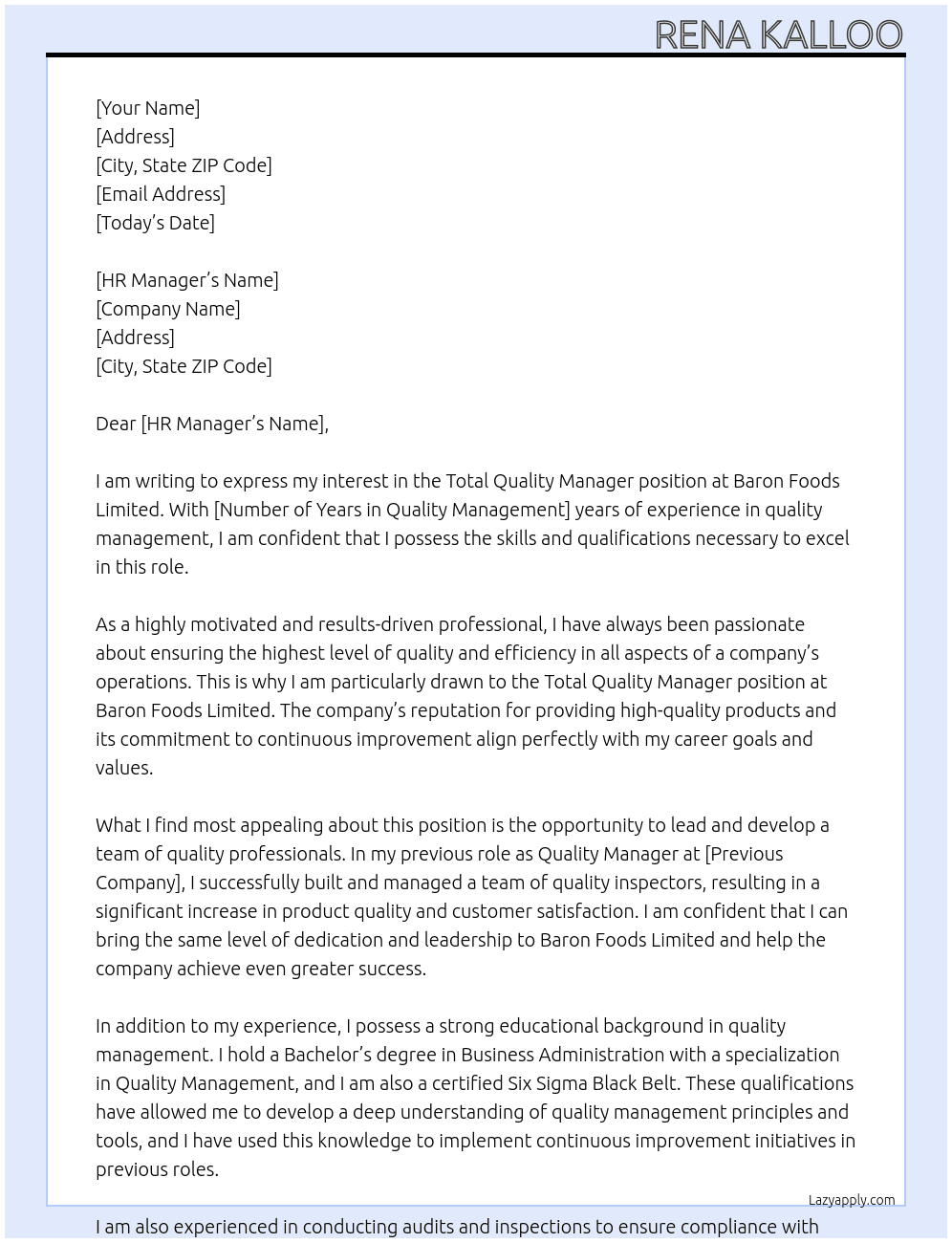 Total Quality Manager At Baron Foods Limited Cover Letter