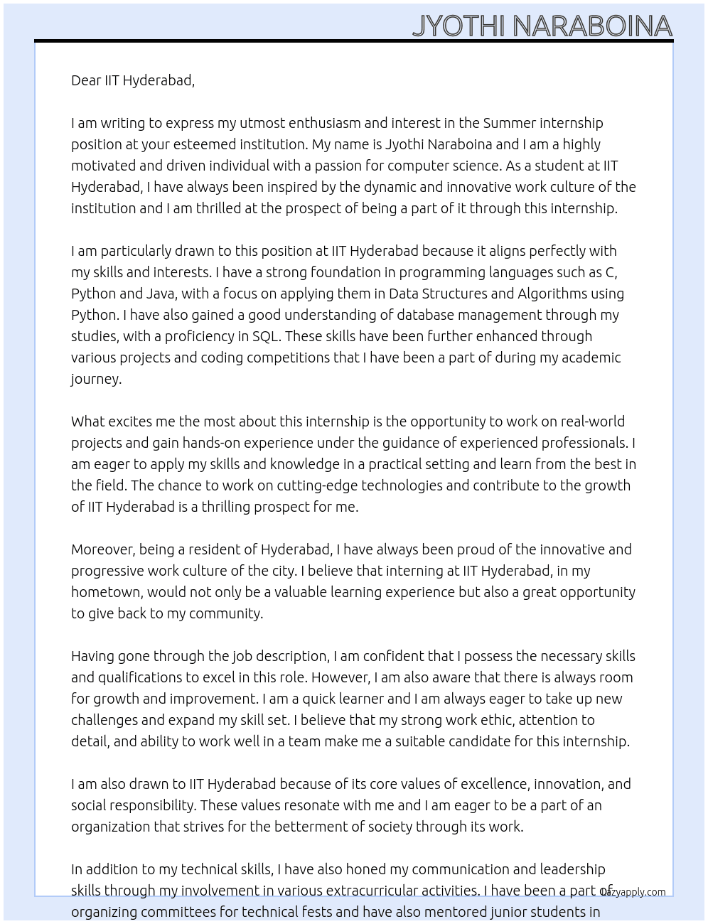 Summer internship  At IIT Hyderabad  Cover Letter