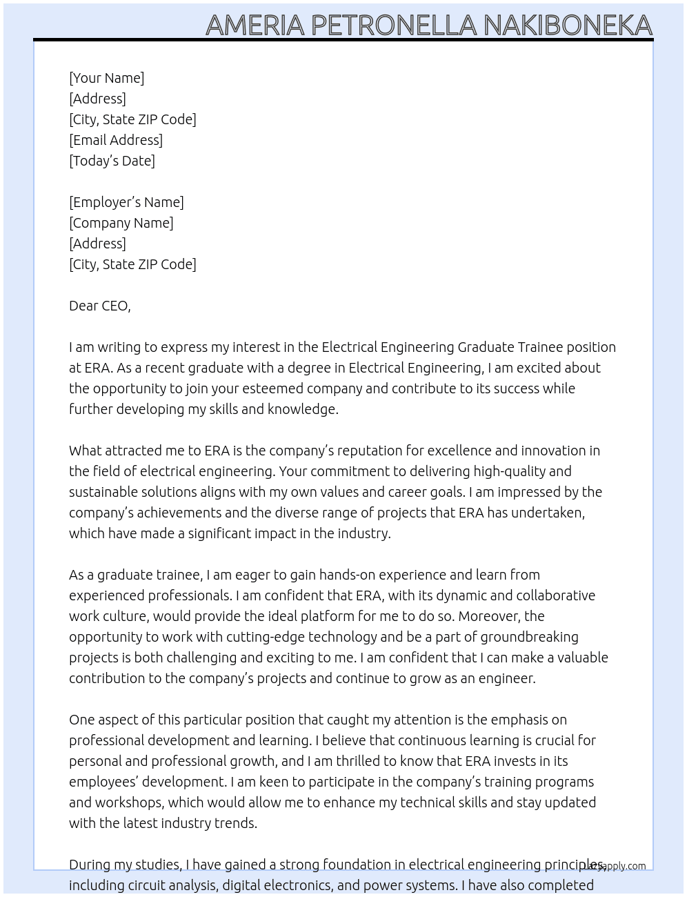 Electrical engineering Graduate trainee At ERA Cover Letter