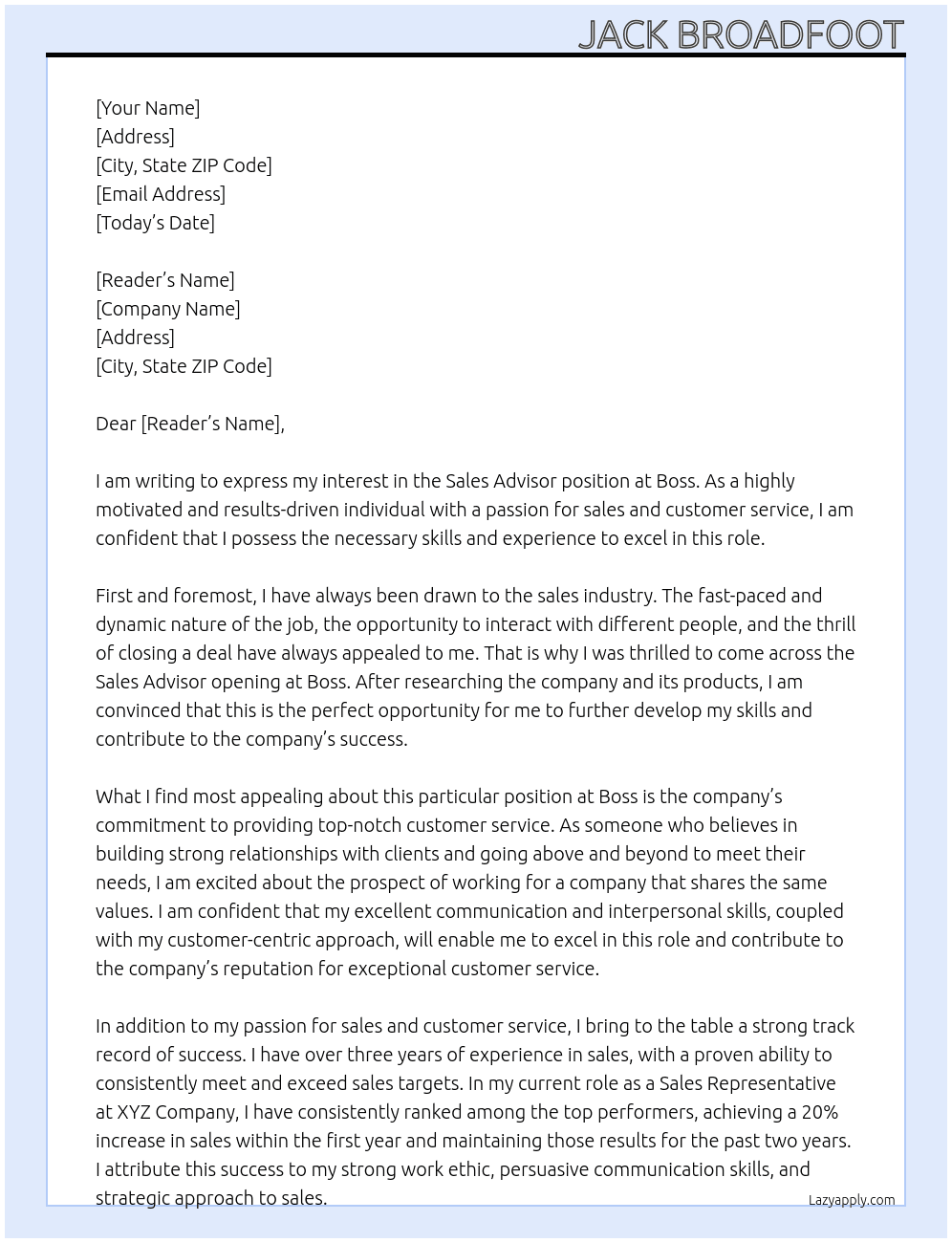Sales Advisor At Boss Cover Letter