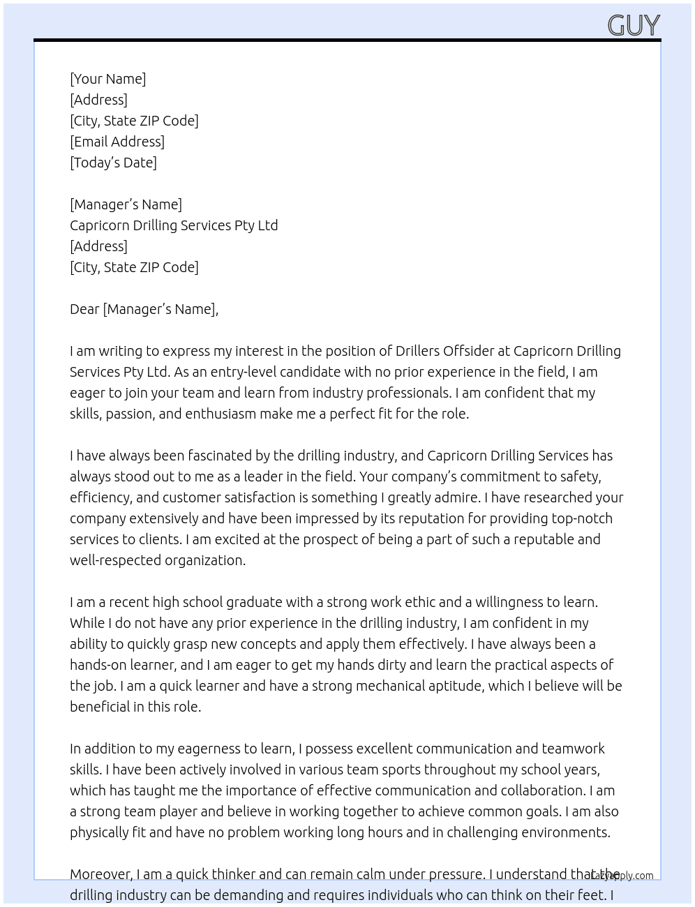 drillers offsider At Capricorn Drilling Services Pty Ltd Cover Letter