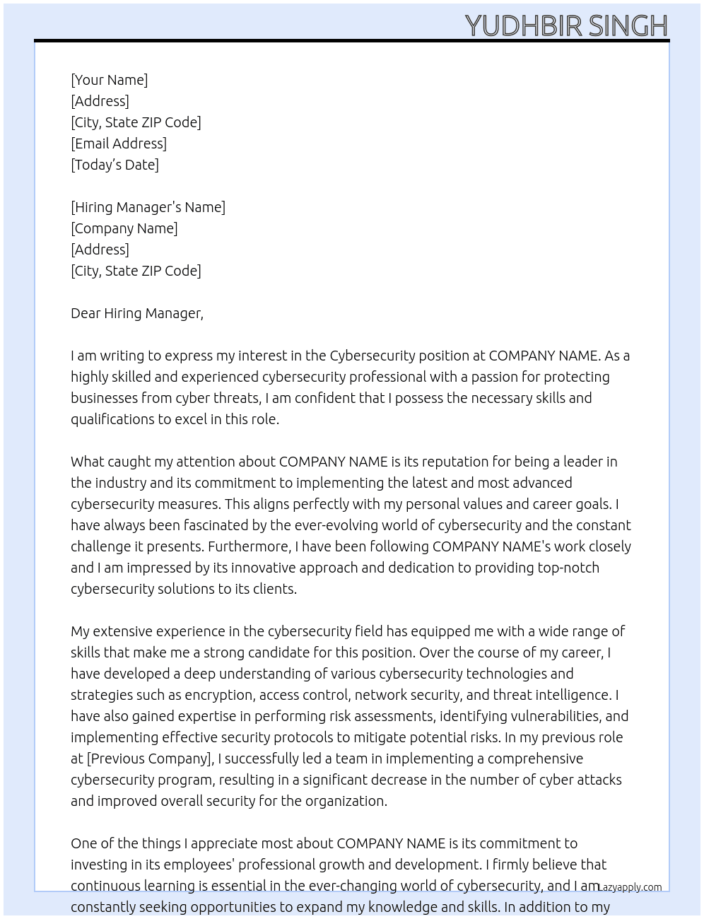 Cybersecurity At COMPANY NAME Cover Letter