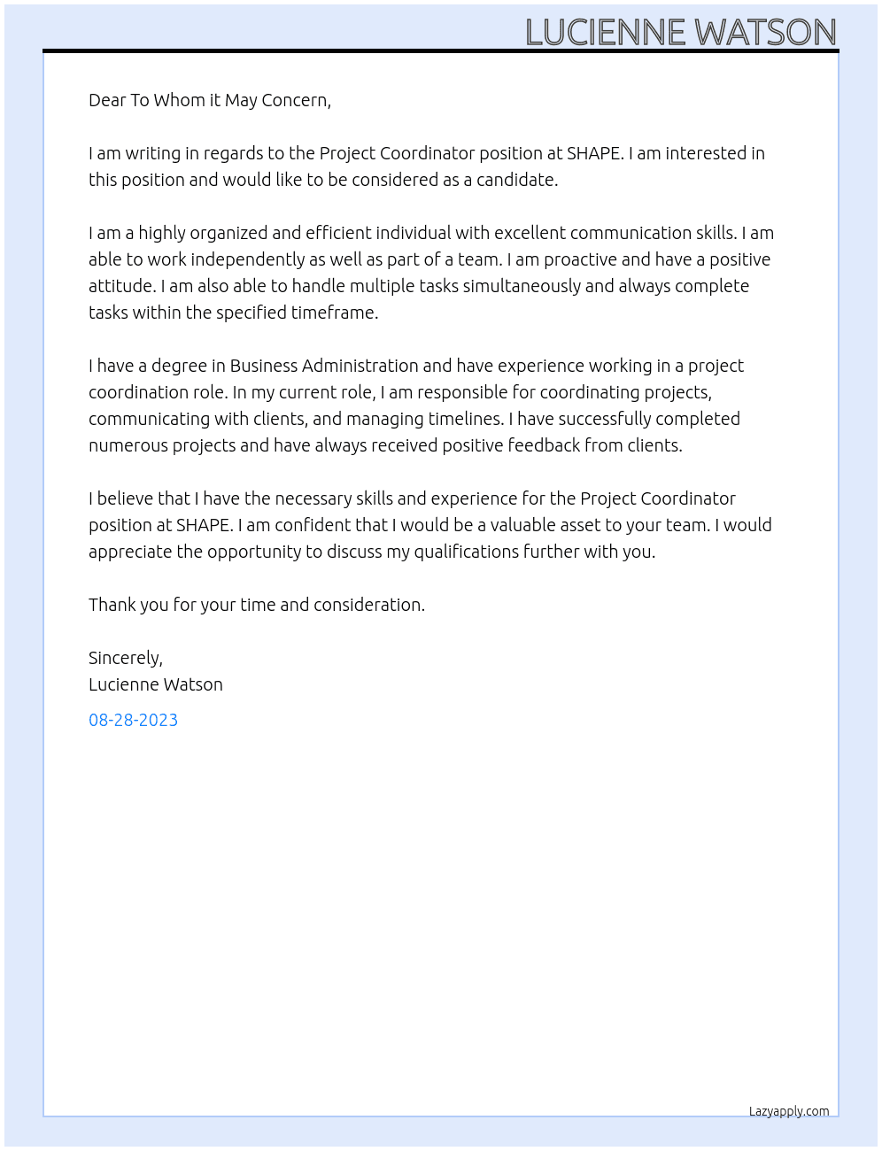 Project Coordinator  At SHAPE Cover Letter