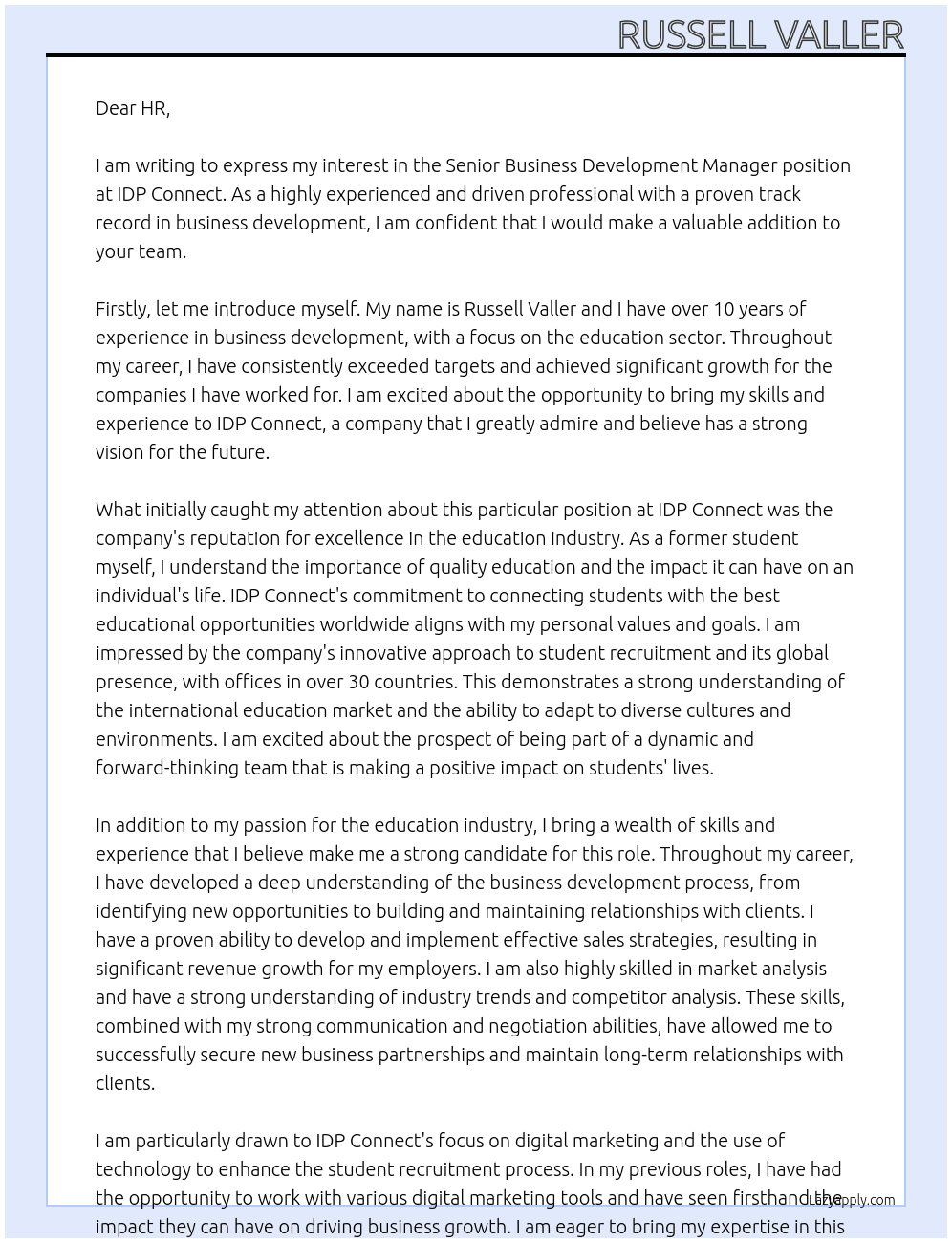 Senior business development Manager At IDP Connect Cover Letter
