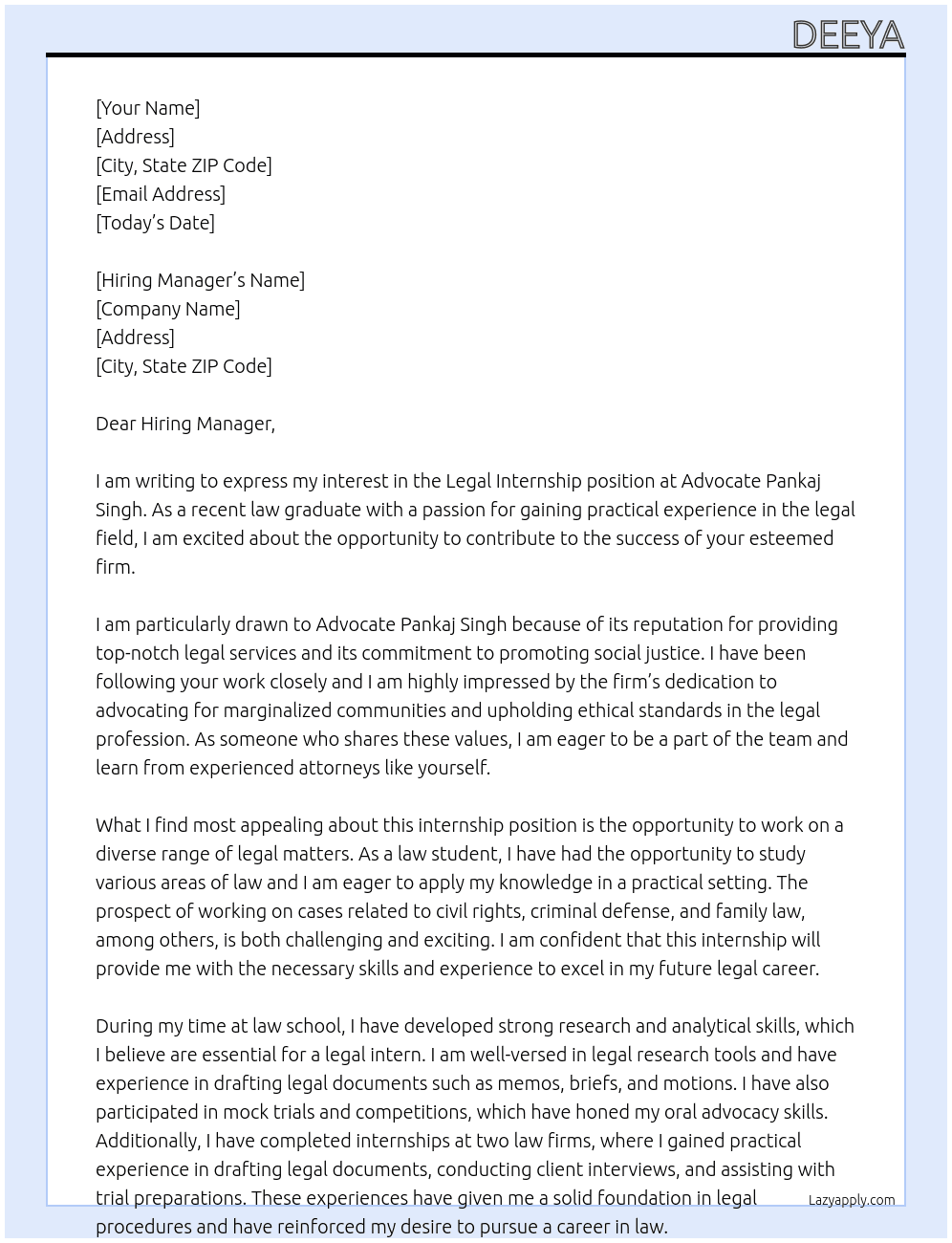 Legal Internship  At Advocate pankaj singh Cover Letter