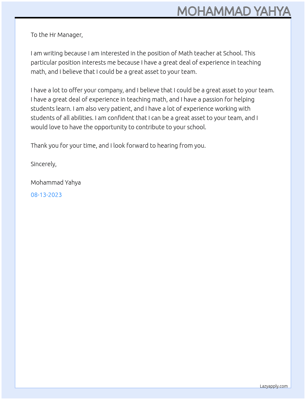 Math teacher At School Cover Letter
