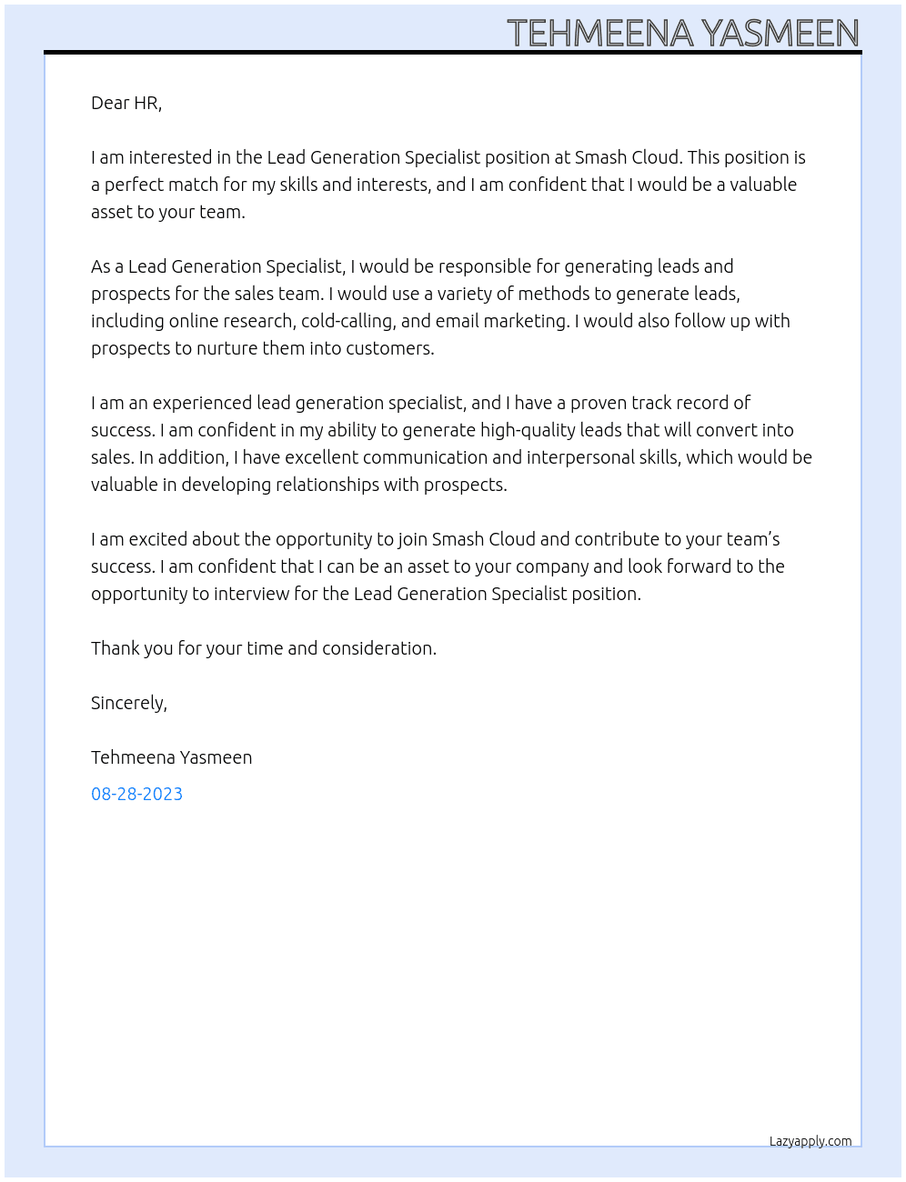 Lead Generation Specialist At Smash Cloud Cover Letter
