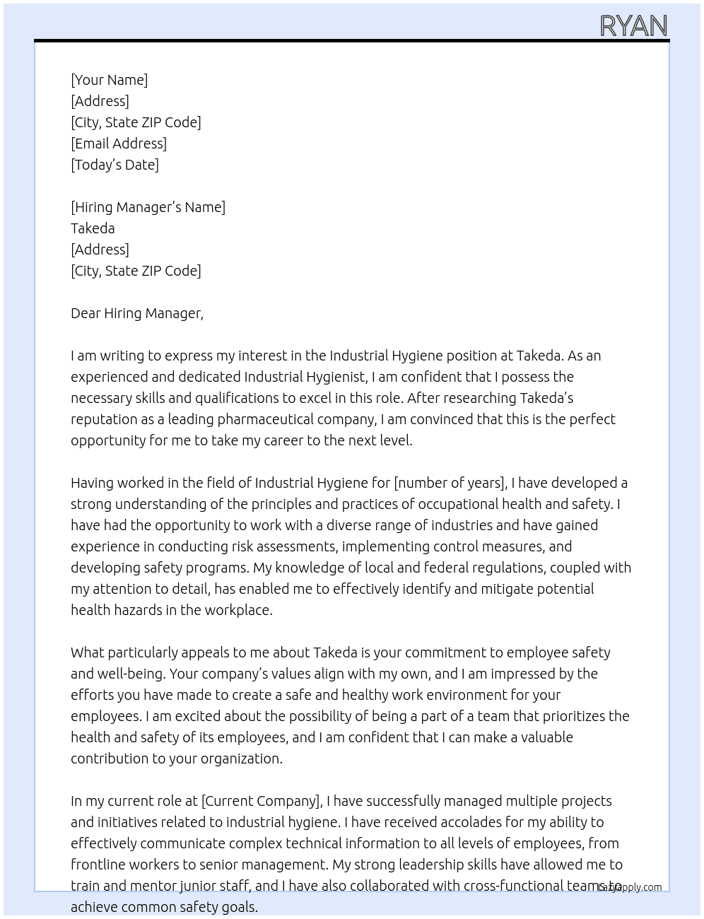 Industrial Hygiene At Takeda Cover Letter