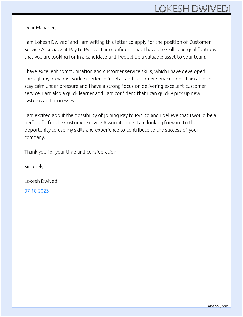 Customer service Associate  At Pay to Pvt ltd Cover Letter