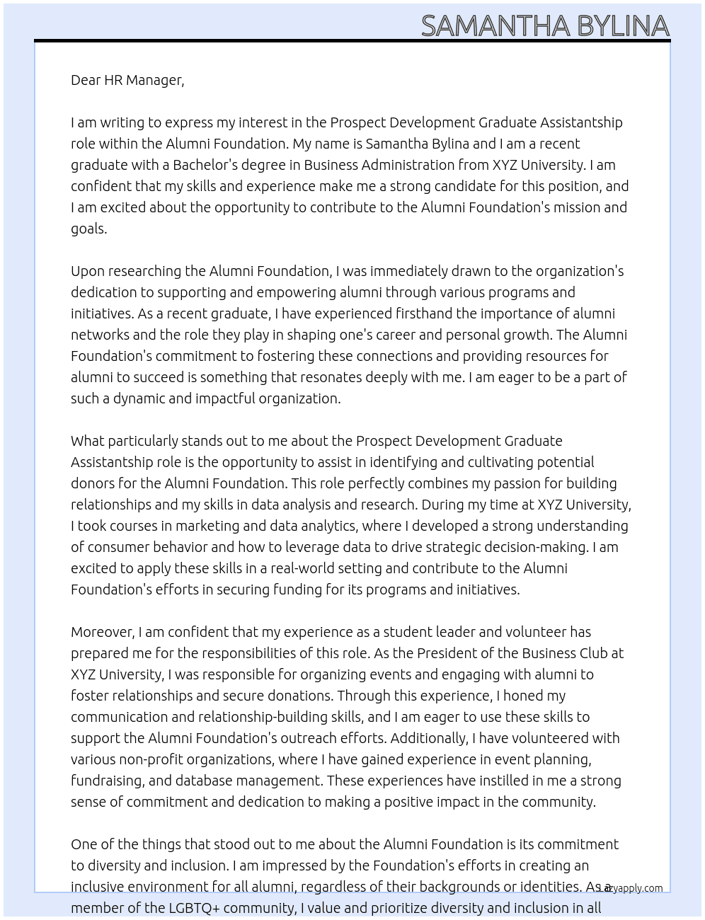 Prospect Development Graduate Assistantship At Alumni Foundation Cover Letter