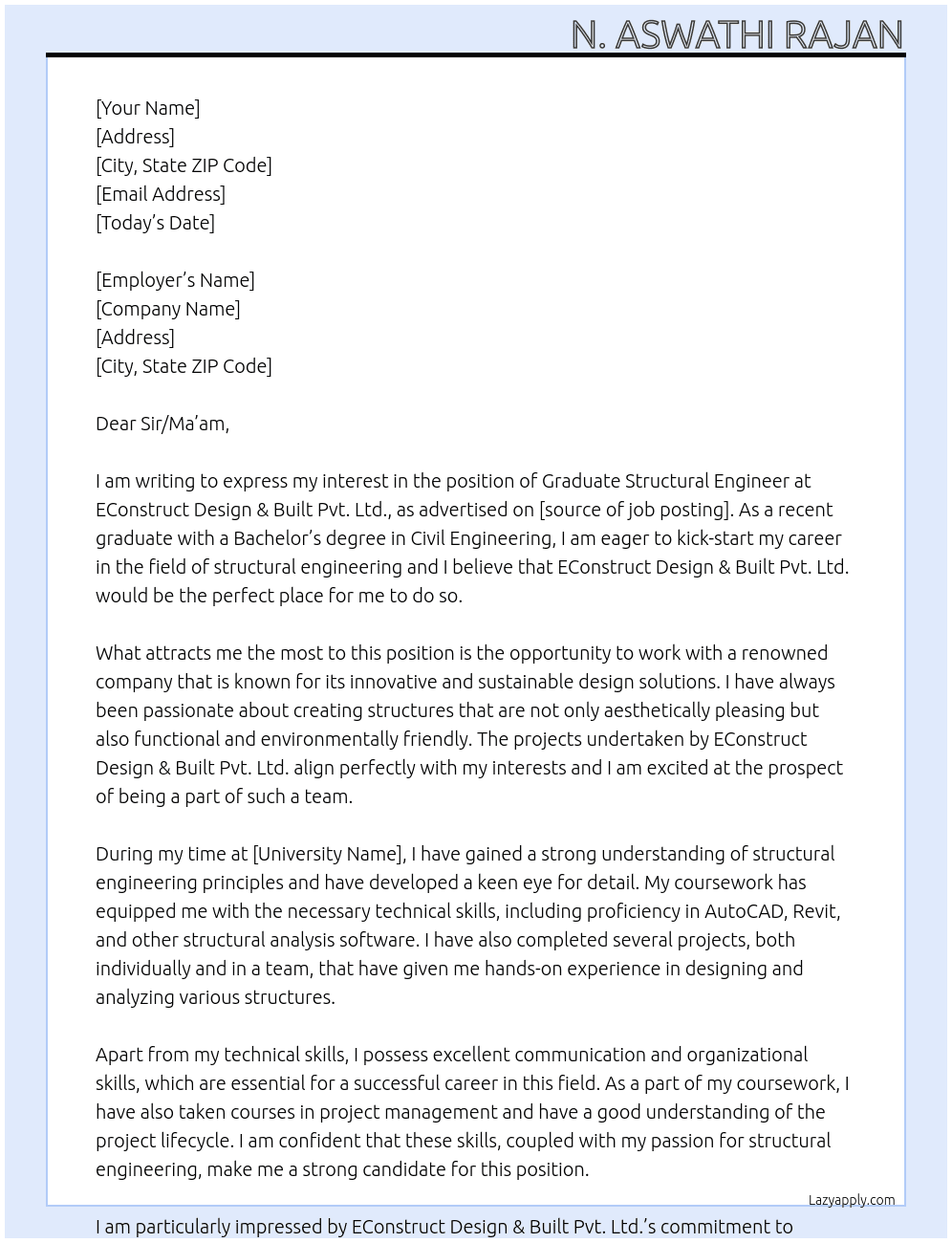 Graduate Structural Engineer At EConstruct Design & Built Pvt. Ltd. Cover Letter