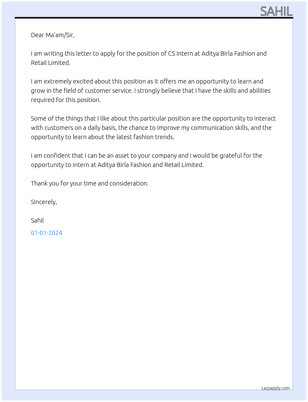 CS Intern At Aditya Birla Fashion and Retail Limited. Cover Letter