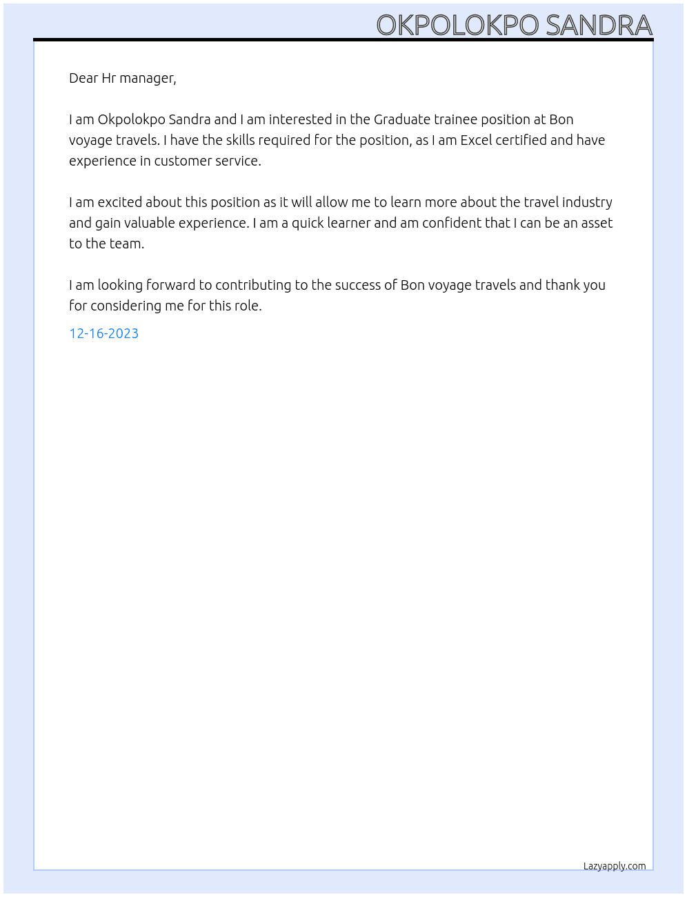 Graduate trainee At Bon voyage travels Cover Letter