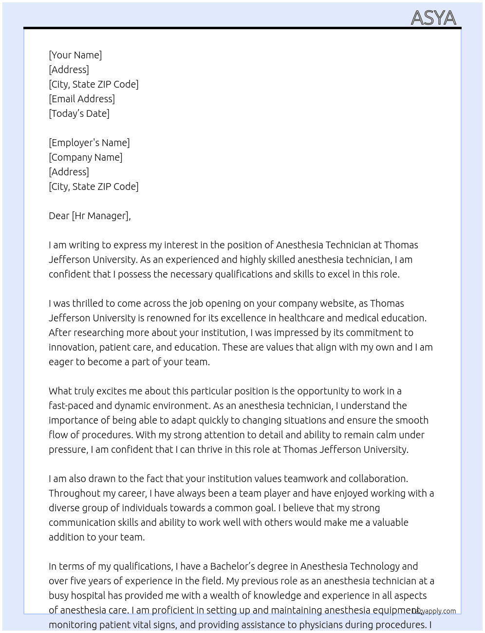 Anesthesia technician  At Thomas Jefferson University  Cover Letter