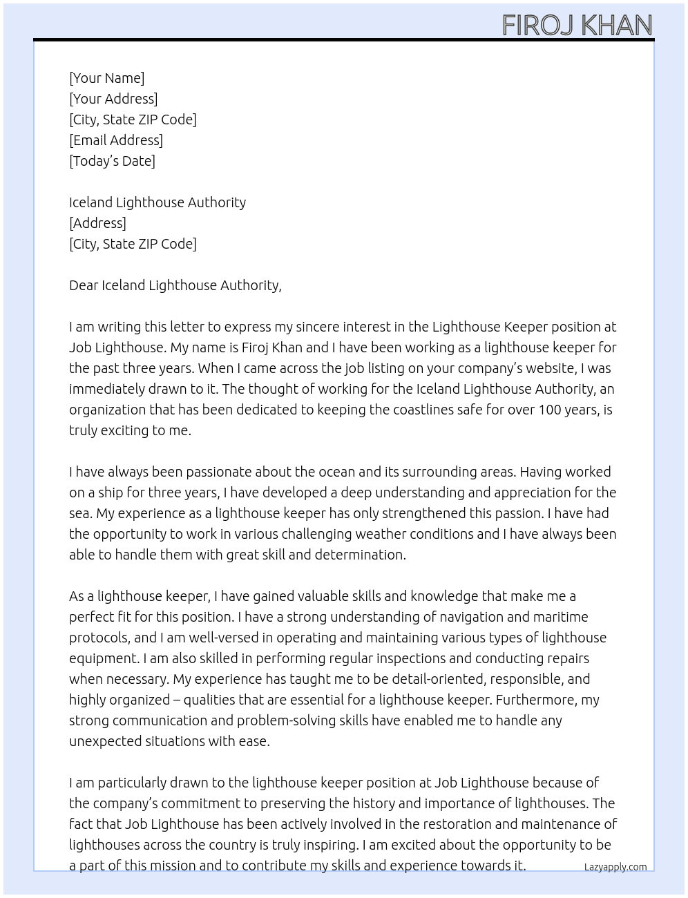 Lighthouse keeper At Job Lighthouse  Cover Letter