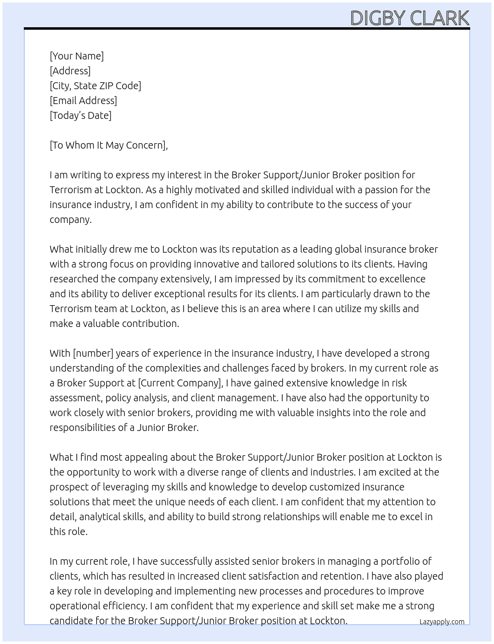 Broker support/junior broker - Terrorism At Lockton Cover Letter