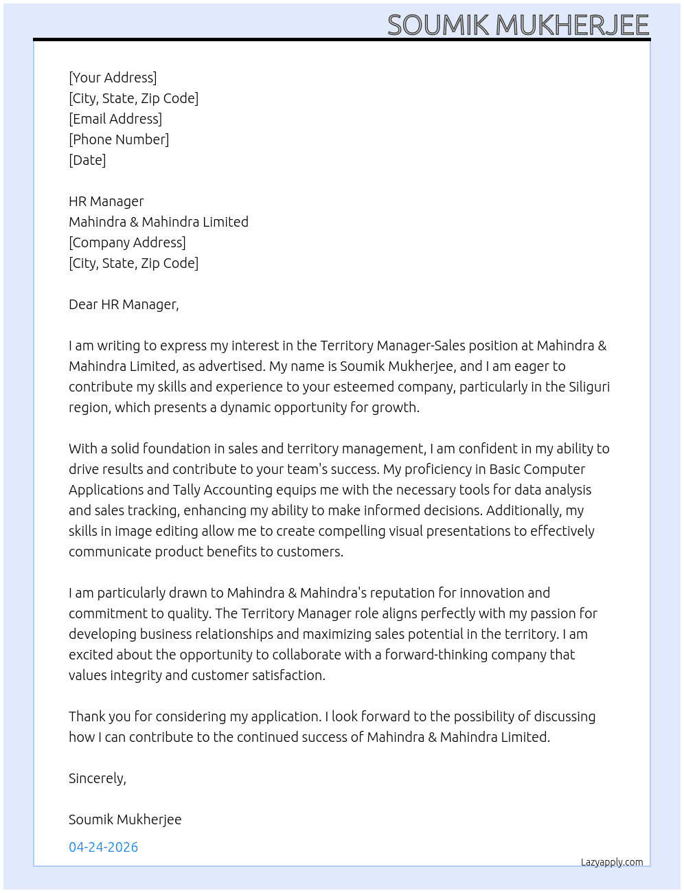 Territory Manager-Sales At Mahindra & Mahindra Limited Cover Letter