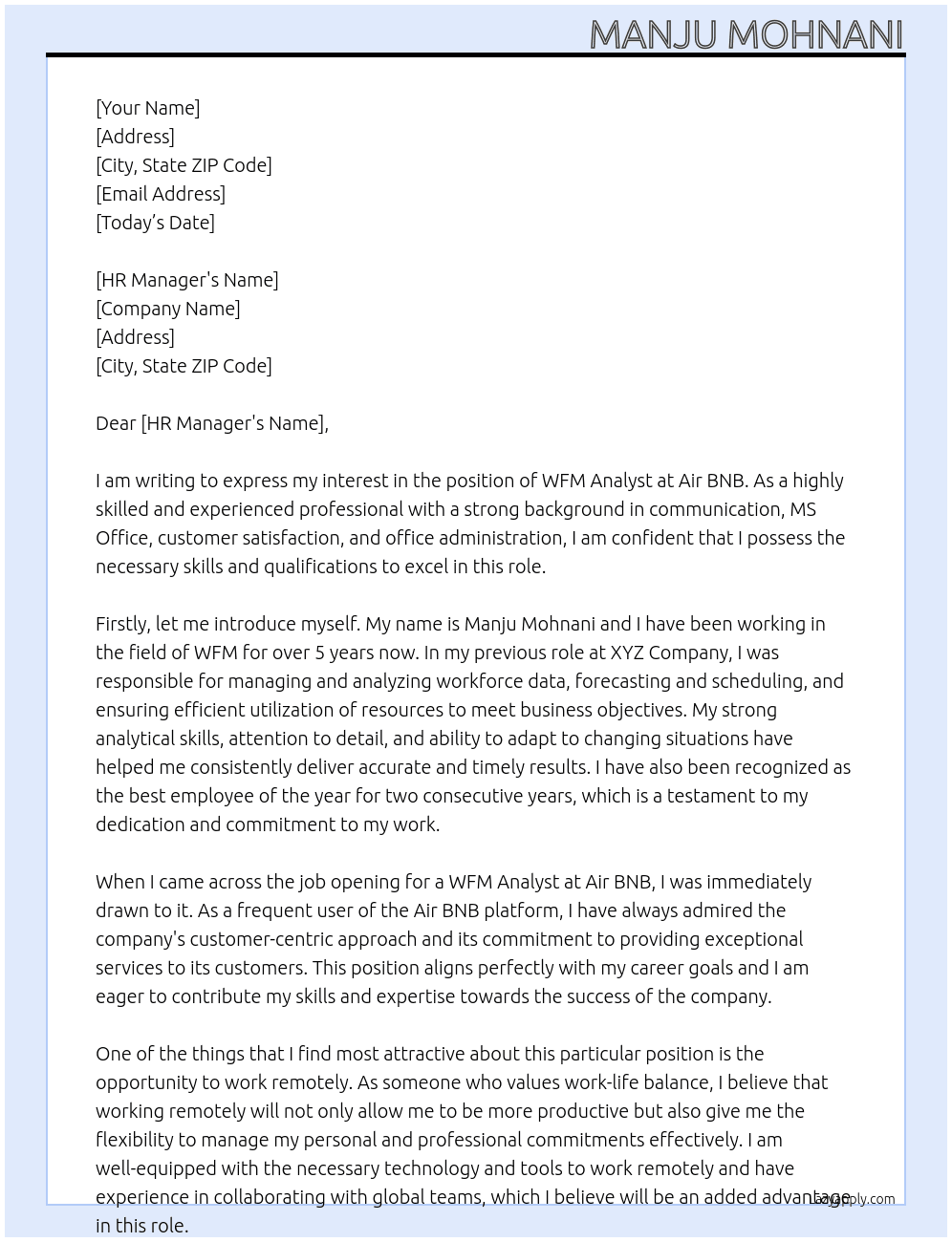 Cover letter for wfm analyst - LazyApply