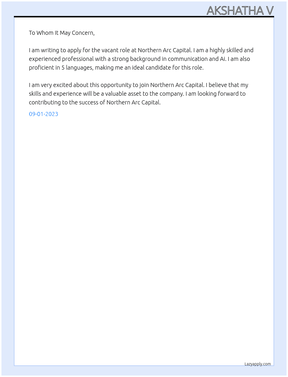 Vacant role At Northern Arc Capital Cover Letter