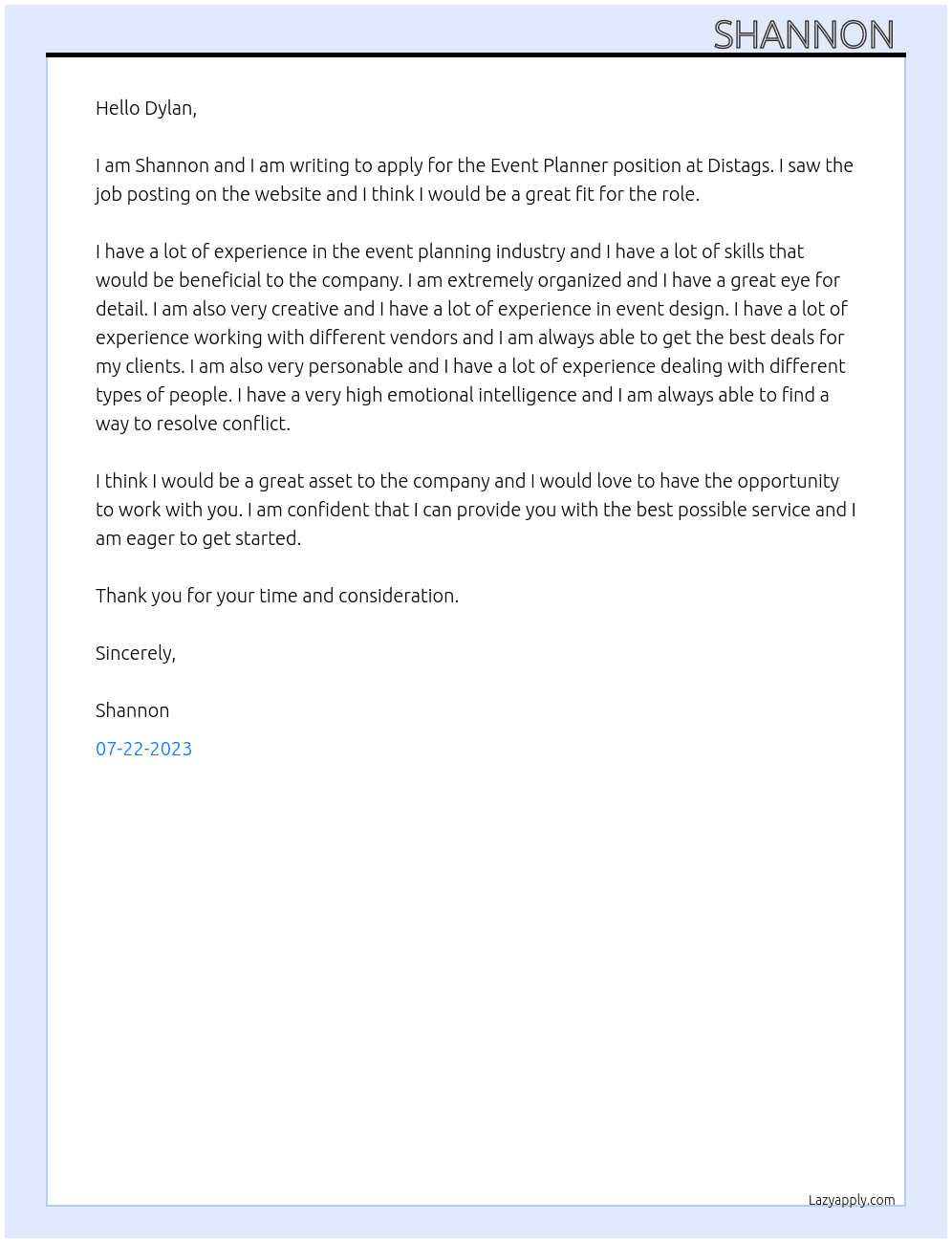 Event planner  At Distags  Cover Letter