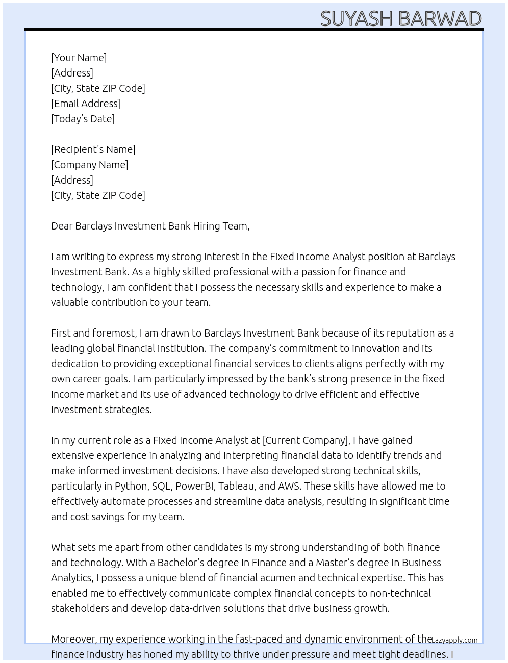 Fixed Income Analyst  At Barclays Investment Bank Cover Letter