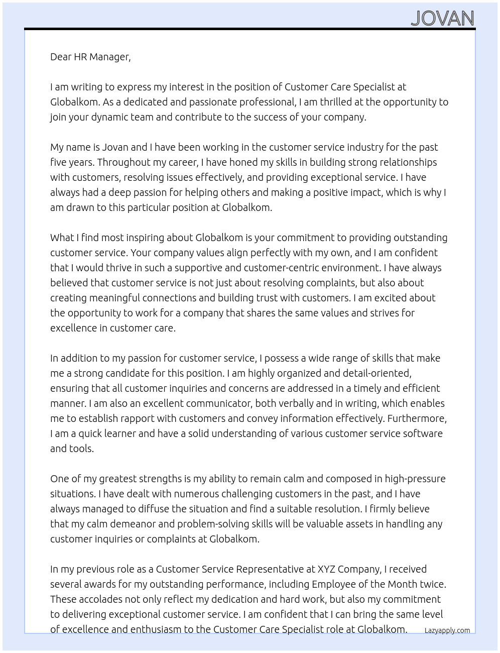 customer care specialist At Globalkom Cover Letter