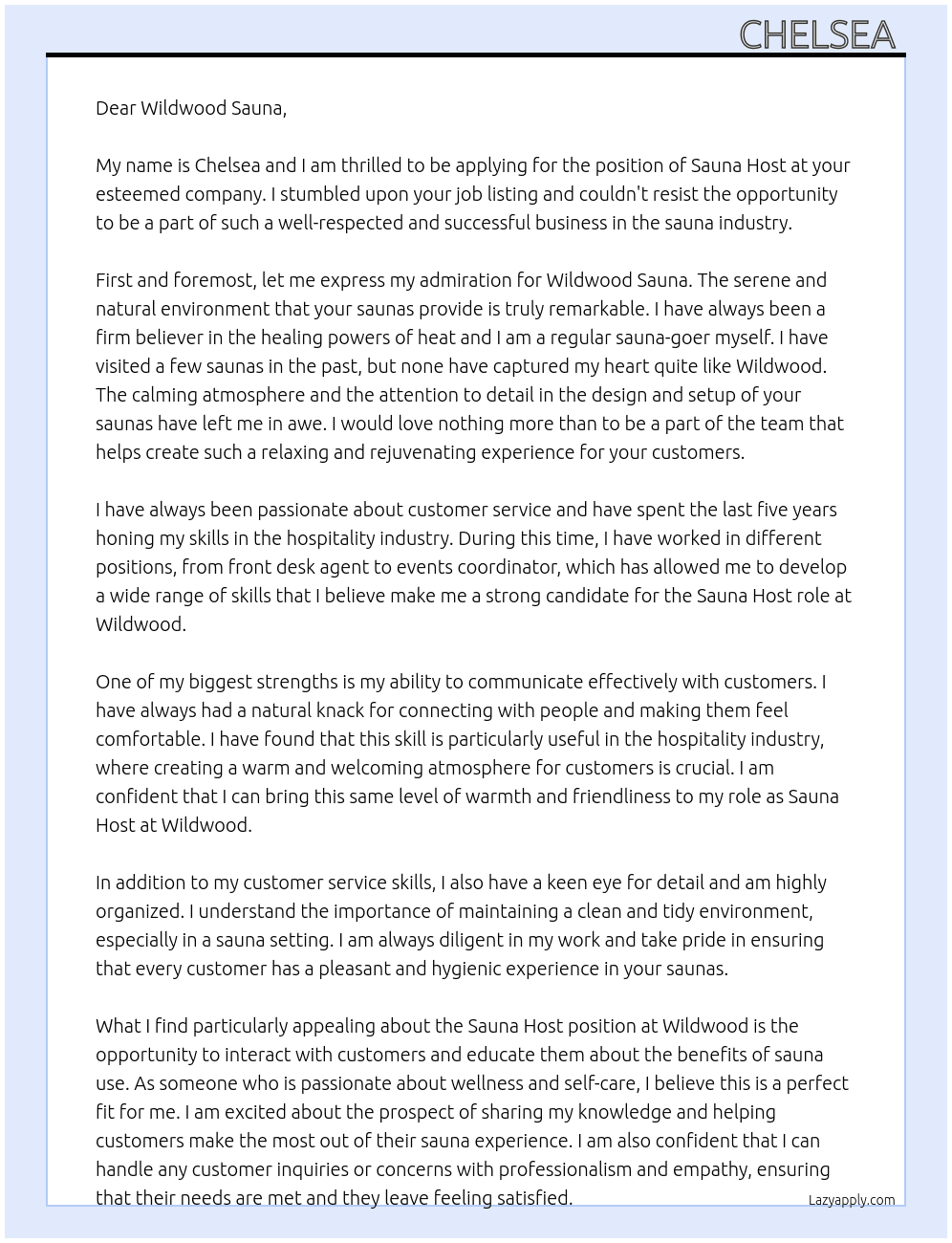 Sauna host  At Wildwood sauna  Cover Letter