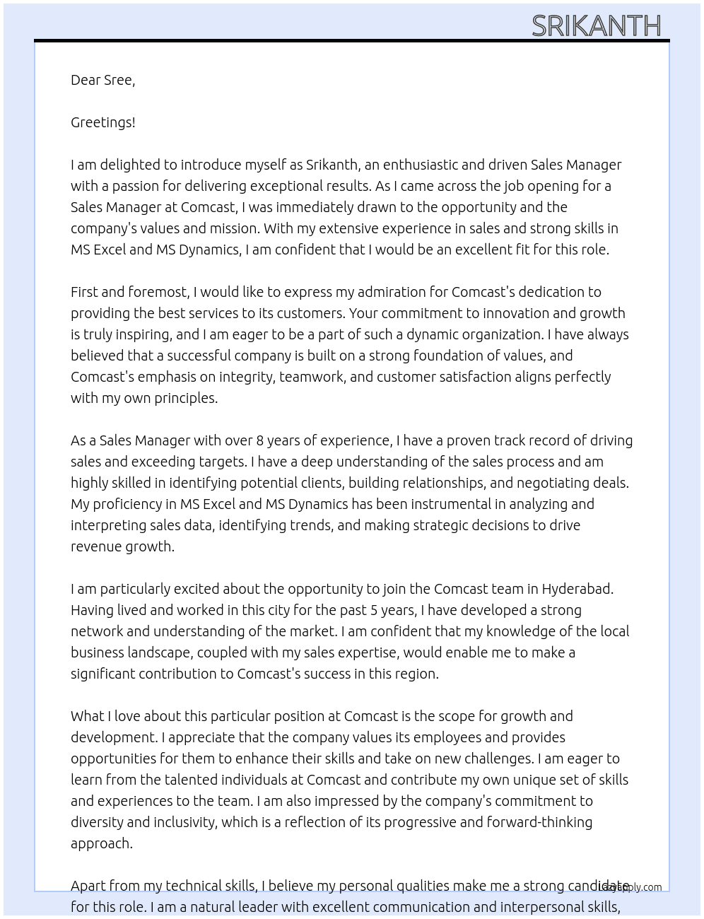 sales Manager  At Comcast  Cover Letter