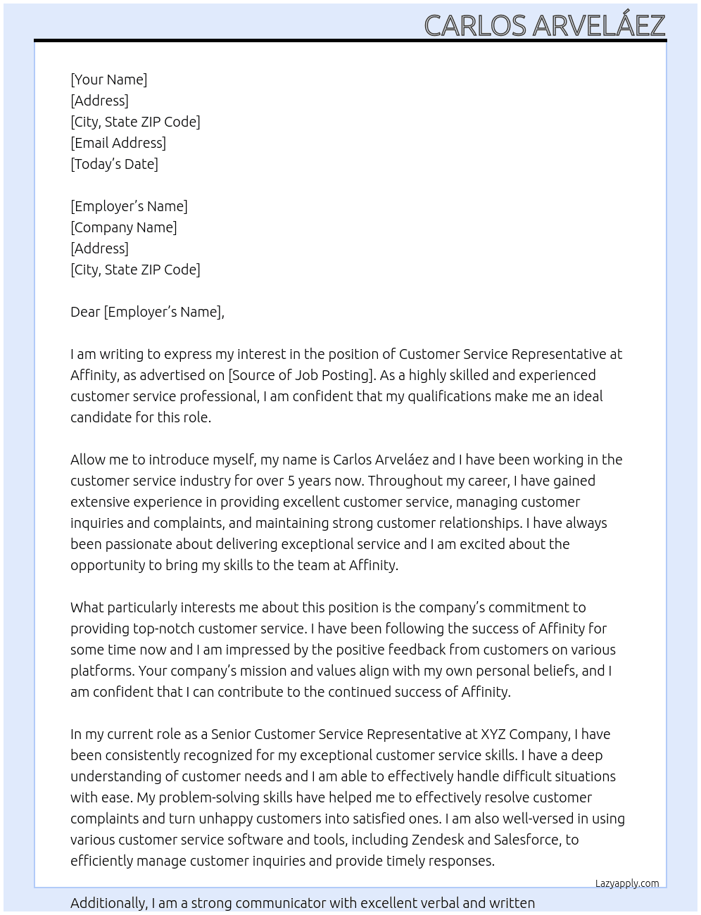 Customer service representative At Affinity Cover Letter