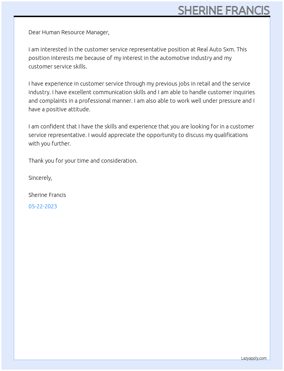 Customer service rep At Real Auto Sxm Cover Letter