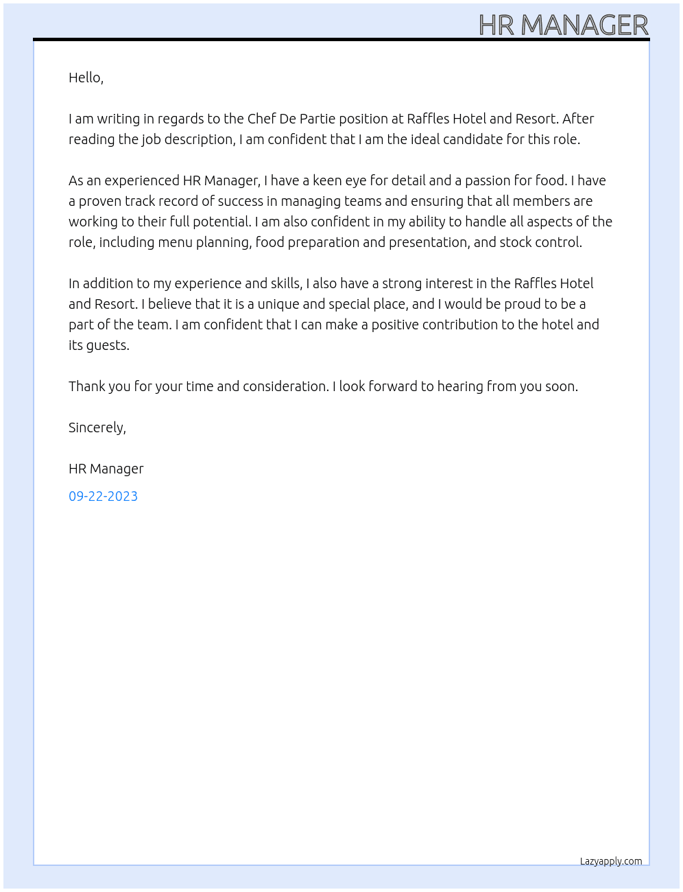 Chef De Partie  At Raffles Hotel and Resort Cover Letter