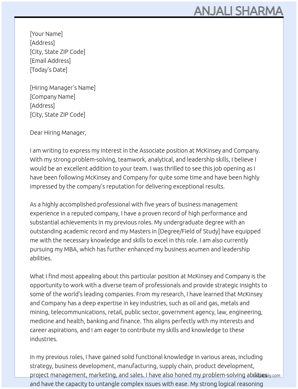 Associate  At McKinsey and Company  Cover Letter