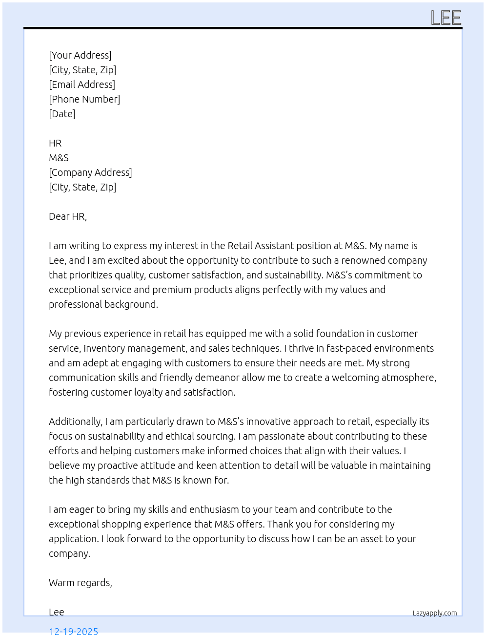 retail assistant At M&S Cover Letter