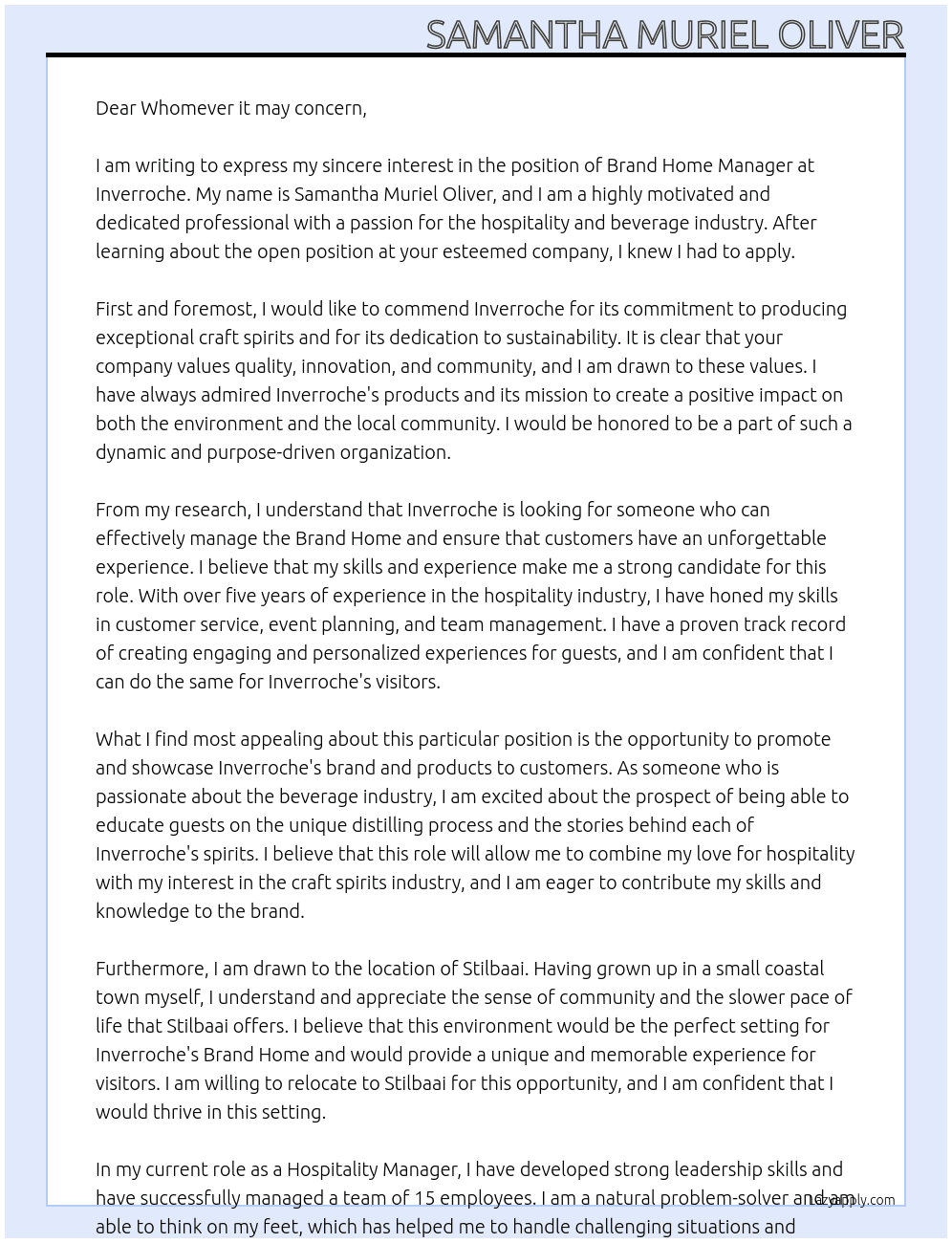 Brand Home Manager At Inverroche Cover Letter
