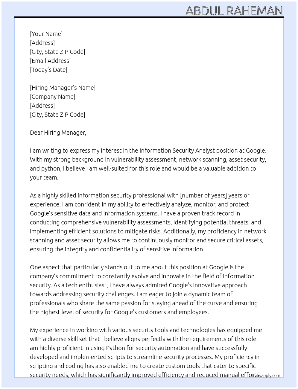 Information security analyst At Google Cover Letter