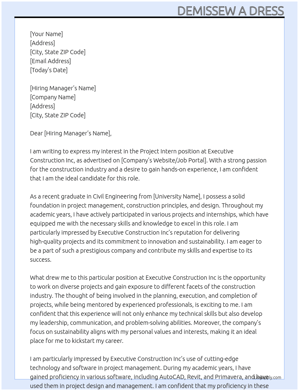 project intern At Executive construction inc Cover Letter