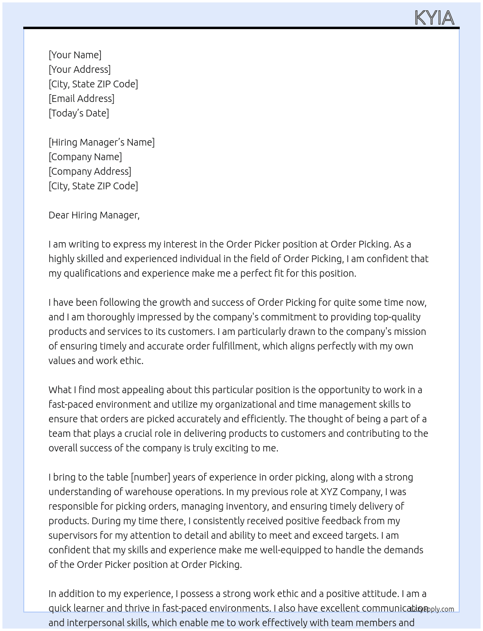 Order picker At Order picking  Cover Letter
