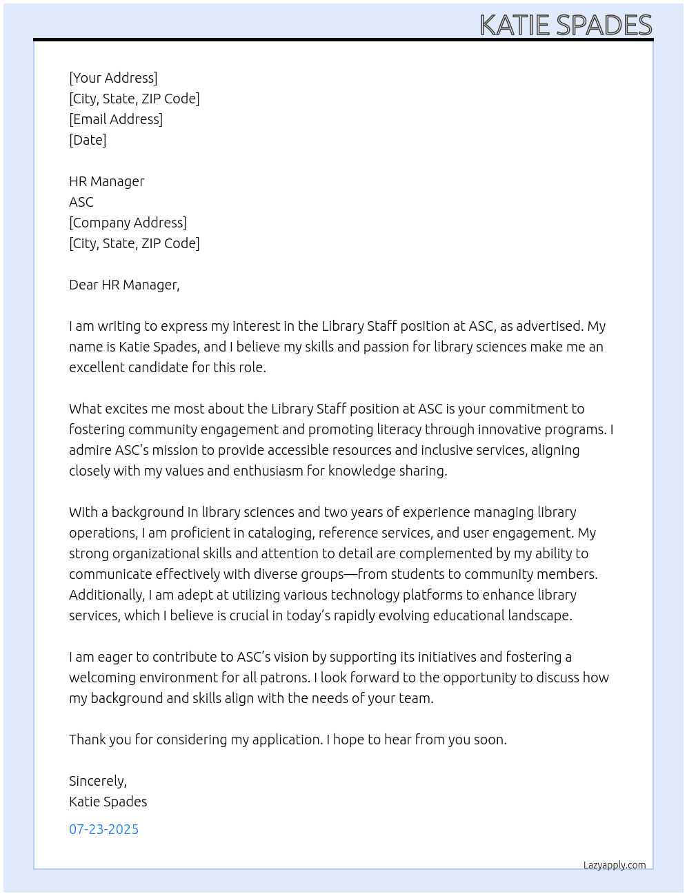 Library Staff  At ASC Cover Letter