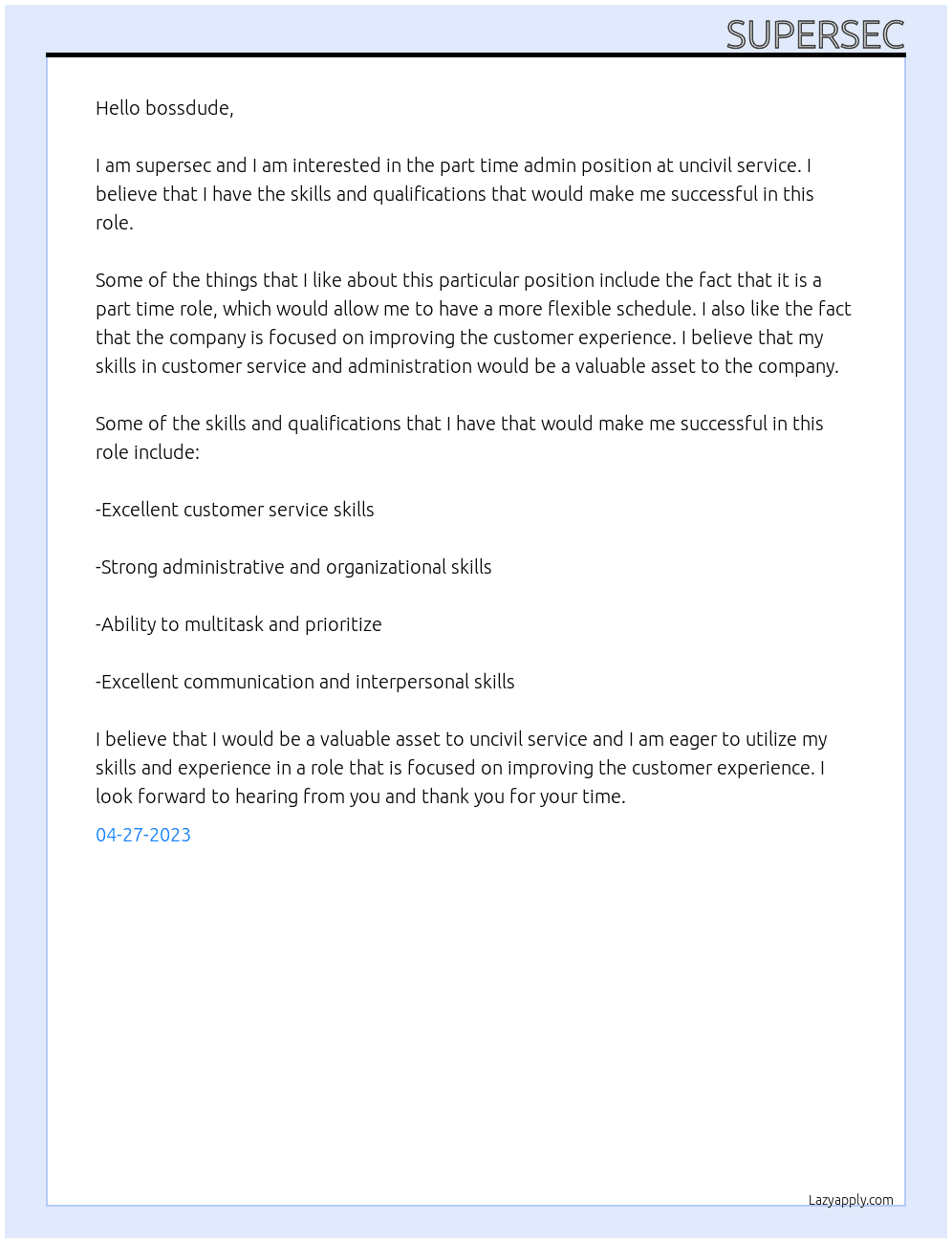 Cover letter for part time admin - LazyApply