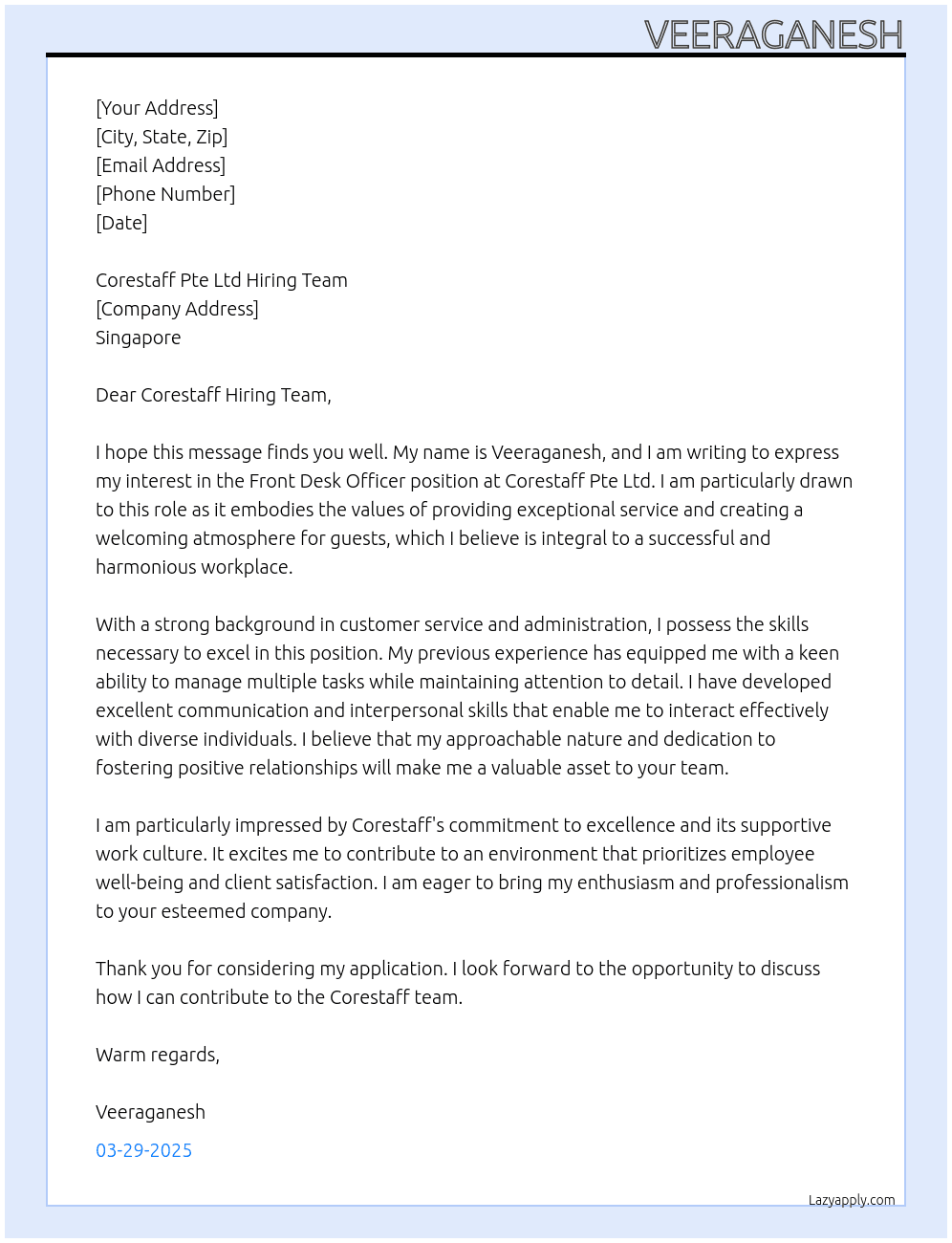 Front Desk Officer At Corestaff Pte Ltd Cover Letter