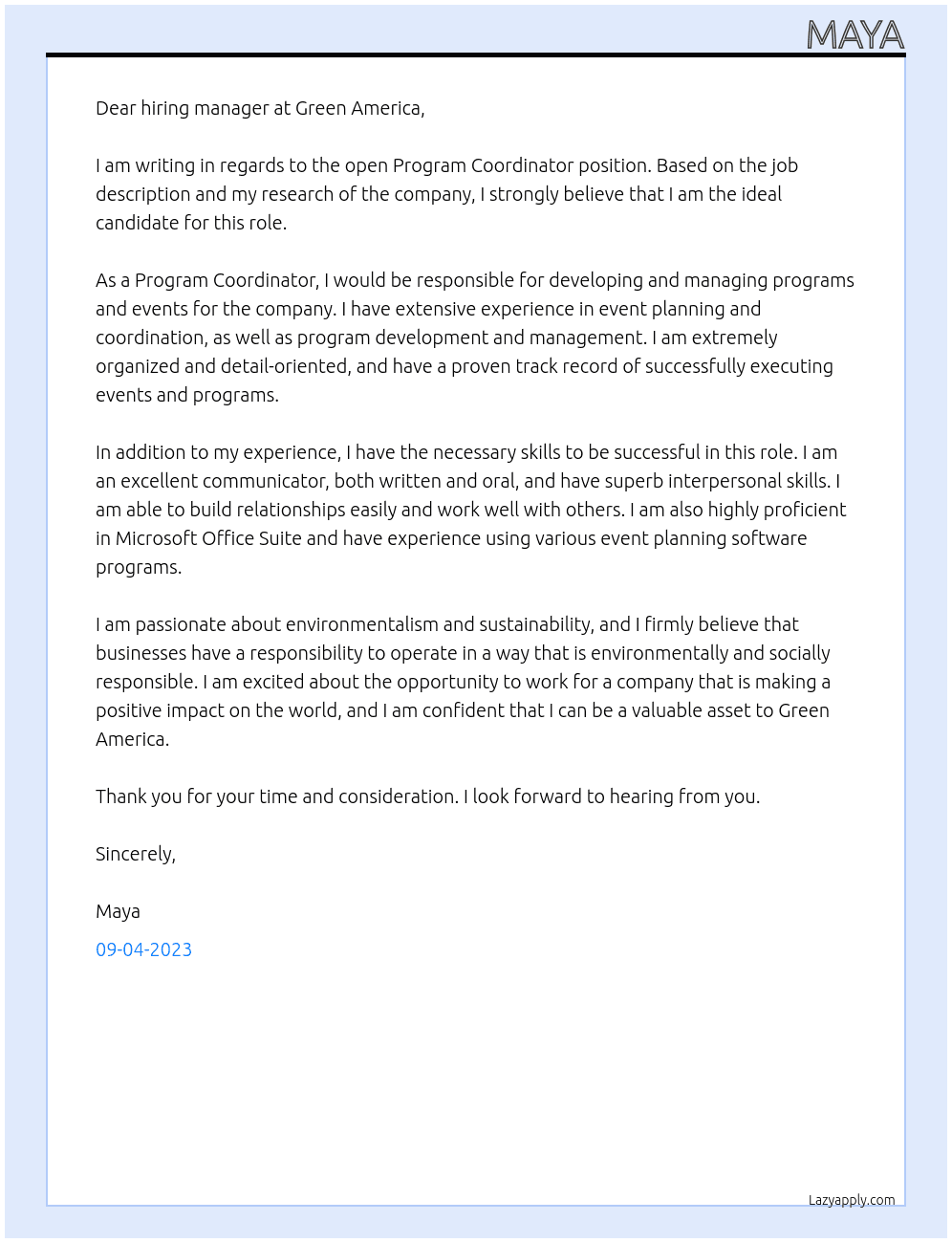 Program Coordinator At Green America Cover Letter